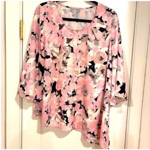 Catherines floral asymmetric hem three quarter sleeve top womens 0XWP pink black